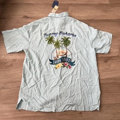 Tommy Bahama Embroidered Swing Shift Silk Beach Shirt Teal Men Size Medium $138 - Image 1 of 4