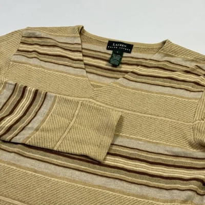 Suéter Lauren Ralph Lauren Mujer Grande Beige Marrón Rayas Lino Algodón Cuello en V Foto 1 de 4