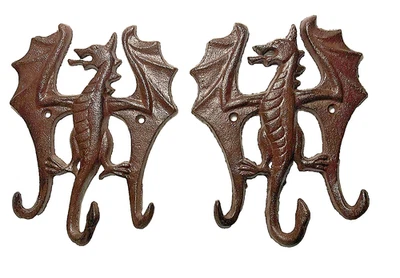 Two Dragon Open Wings Wall Hooks Rack Cast Iron Keys Clothing Rustic Brown 7" H - Image 1 of 3