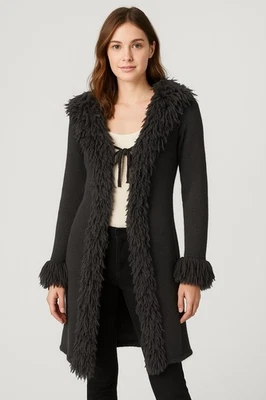Bebe Penny Lane Cardigan S Gray Shaggy Fringe Collar Cuffs Mob Wife Y2K Glam - Image 1 of 4