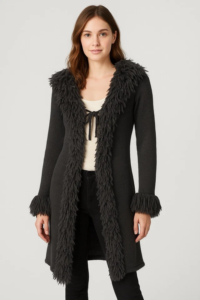 Bebe Penny Lane Cardigan S Gray Shaggy Fringe Collar Cuffs Mob Wife Y2K Glam - Image 1 of 4