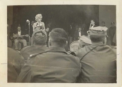 Marilyn Monroe Korea 1954 USO Tour Singing Soldiers Band GI Snapshot Photo RARE - Image 1 of 2