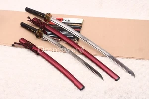 9260 Spring Steel Red Daisho Katana + Wakizashi Japanese Samurai Sword Horn Saya - Picture 1 of 18