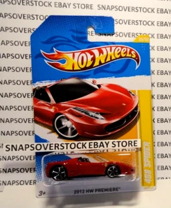 2012 HOT WHEELS PREMIERE RED FERRARI 458 SPIDER, HW #25 INT. CARD VARIANT, MONMC - Picture 1 of 10