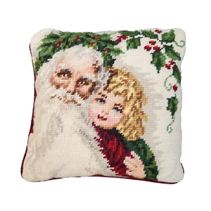 VTG Christmas Needlepoint Pillow W/ Red Velvet Backing Santa Holly Girl Holiday - Picture 1 of 4