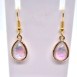 OPAL EFFECT TEARDROP GOLD PLATED EARRINGS 3.5CM DROP DOUBLE SIDED E78 - Picture 1 of 2