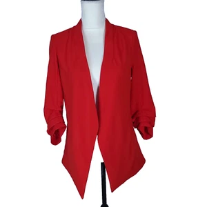 Dalia Red Blazer Open Front Cropped Rouched Sleeves Pockets Career Wear Small - Picture 1 of 12