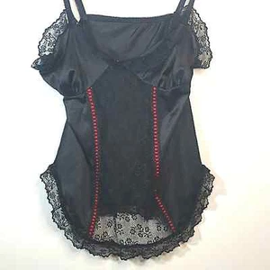 Nan Flower Vintage Sz M Satin Nylon Black Chemise Cami - Bild 1 von 8