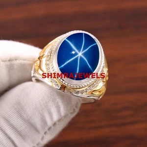 Lab Created Linde Star Sapphire With 925 Sterling Silver Men's Ring #1025 - Picture 1 of 5