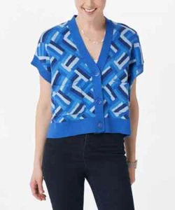 Isaac Mizrahi Live! Women's Patchwork Jacquard Cardigan Plus 1X Blue A396844 NEW - Picture 1 of 6