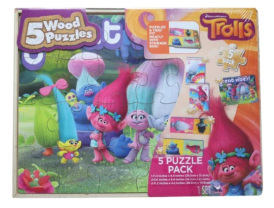 DreamWorks Trolls 5 Wood Puzzle Pack with Storage Tray Poppy Branch & Friends - Image 1 of 4