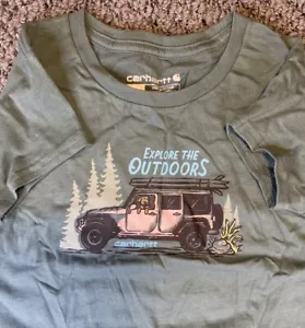 Carhartt Girls TShirt Size Y5 Short Sleeve Crewneck Explore Green Jeep Dog - Picture 1 of 9