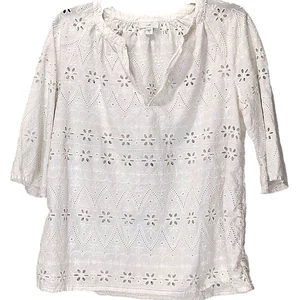 J Jill White Medium Blouse White Eyelet Peasant Top Beachy Cotton Half Sleeve - Picture 1 of 11