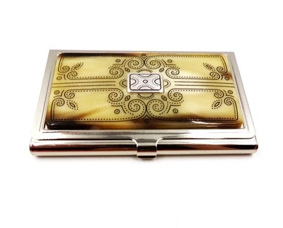NOS Brighton Business Card Holder Ivory Tan and Brown with Etching Silvertone - Image 1 of 4