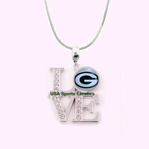 NFL Green Bay Packers Team Logo Love Necklace W/Rhinestones On A 925 Snake Chain Cover