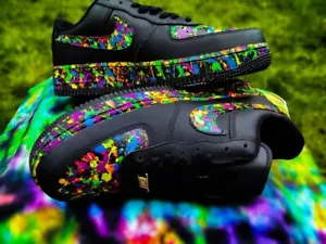 Nike Custom Air Force 1 "Rainbow Tie Dye Splatter" Black Shoes Mens Womens Kids - Picture 1 of 22