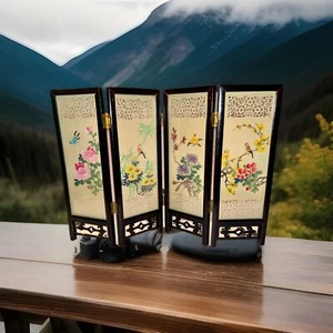 Vintage RARE Chinese 4 Panel Screen Hand Painted Silk Lacquer Rose Wood Panels - Picture 1 of 7