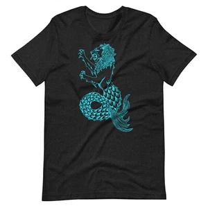 Blue MerLion Design Unisex T-shirt, Lion Mermaid Mythology Creature - Picture 1 of 36