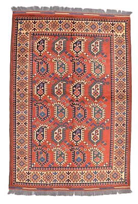 Alfombra tejida a mano roja única cachemira naranja lana turca 4' 0" x 5' 9" Foto 1 de 4