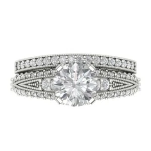 2.10ct Round Cut Pave Real Moissanite Wedding Statement Ring set 14k White Gold - Picture 1 of 11
