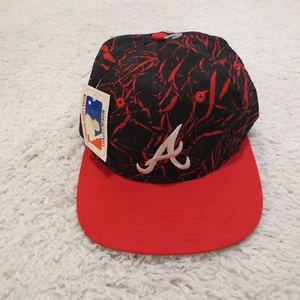 VINTAGE Atlanta Braves Hat Cap Snapback Black Red Splatter 90s Deadstock MLB - Picture 1 of 7