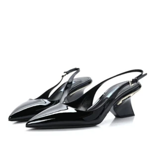 $1100 PRADA Patent Calfskin Logo Pointed Toe Slingback Wedges Sz 40 - Picture 1 of 10