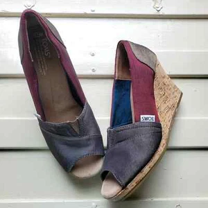 Toms Peep Toe Cork Wedge Sandals Gray & Cream 7.5 - Picture 1 of 9