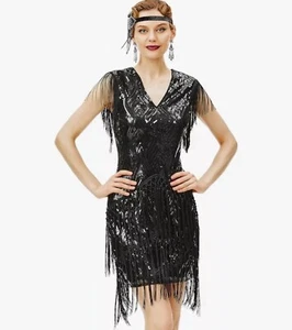 BABEYOND FLAPPER DRESS SIZE XSMALL BLACK VNECK 1920 GREAT GATSBY COCKTAIL PARTY - Picture 1 of 6