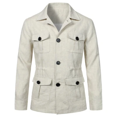 100% Men's Linen Safari Jacket Pockets Slim Fit Hunting Coat Casual Tops British - Image 1 of 4
