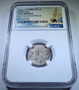 NGC UNC 1724 Akerendam Shipwreck 2 Stuivers Silver Dutch Pirate Treasure BU Coin - Picture 1 of 2