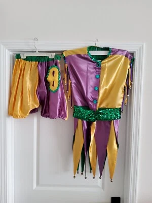Handmade Vintage Complete Mardi Gras Jester Costume in Gold, Green, & Purple S/M - Image 1 of 4