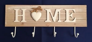 Wall Mounted HOME Key Home Design Decorative 4 Hooks Wooden Key Coat Lead Holder - Picture 1 of 2