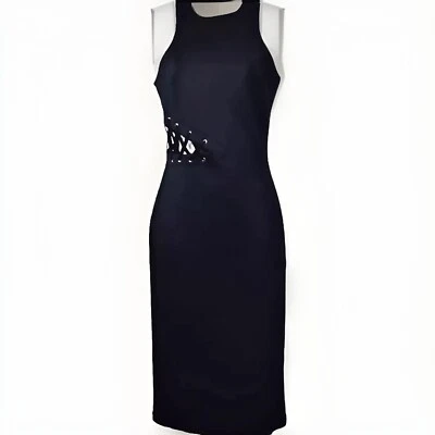 NWT! $260 Amanda Uprichard Black Bodycon Cutout Midi Dress-Scuba Racerback XS - Image 1 of 4