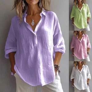 Ladies V-neck Blouse Cotton Linen Button Tops Autumn Long Sleeve Shirts Pullover - Picture 1 of 15
