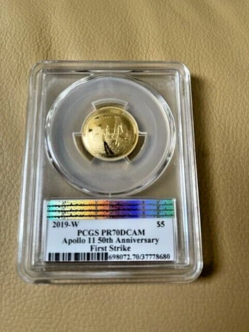 2019-W $5 Gold Apollo 11 50th Anniversary FIRST STRIKE AMF, PCGS PR70 DCAM Proof Cover