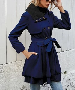 Women's Navy Faux Fur-Trim Trench Coat SZ 2XL - Picture 1 of 10