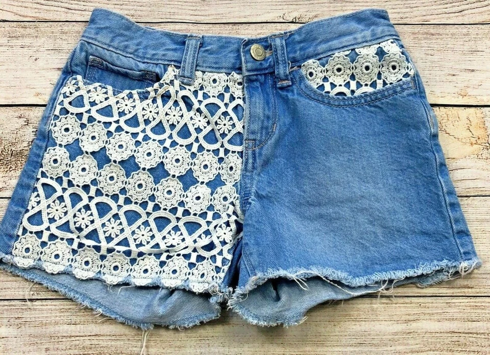 Pantalones Cortos Vaqueros Denim Vintage Azul Marino Niñas Talla 10 Crochet Encaje Bolsillos Diente de León G54 Foto 1 de 4