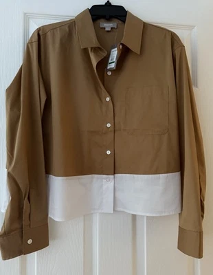 Camisa feminina de manga comprida Reaction Kenneth Cole, nova com etiquetas US$ 89, âmbar/branco, tamanho G - Imagem 1 de 4