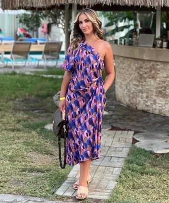 ZARA Studio XS Bloggers Fav Geometric Print One Shoulder Asymmetric Midi Dress - Image 1 of 4