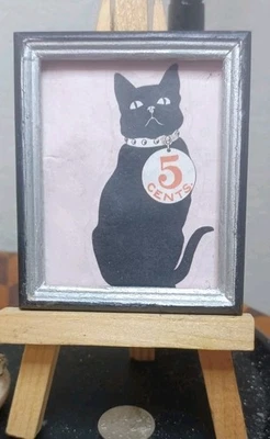 Pintura artesanal firmada vintage para casa de muñecas gato negro 5 centavos arte de lujo caprichoso Foto 1 de 3