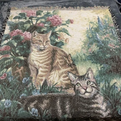 Vintage Picken 1996 Gatos Tecido Tapeçaria Cobertor Jardim Borboleta Arte Falha - Imagem 1 de 4