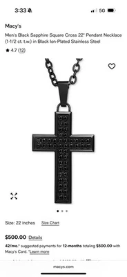 Collar Colgante Cruz Cuadrada Zafiro Negro 22" Para Hombre 1.5ct Negro Inoxidable Foto 1 de 4