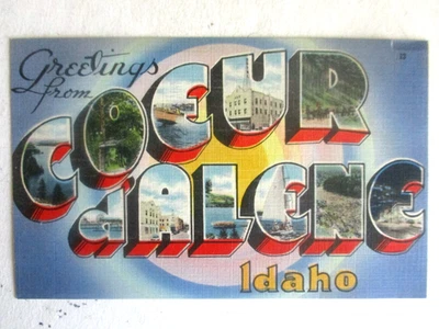 Postal de saludos prelino vintage de los años 40 de COEUR D’ ALCENE, Idaho Foto 1 de 2