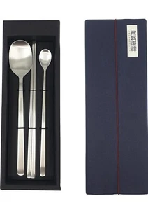 Korean Chopsticks Spoon 1 Set - METAL STAINLESS STEEL and long spoon Square-S... - Picture 1 of 5