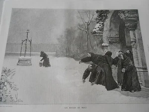 Gravure 1887 - Les boules de Neige ( Moines jouant dans la neige ) - Foto 1 di 1