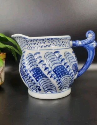 White Blue Chinese Oriental Style Large Jug Ornate Handle Vase Interior 6in Tall - Image 1 of 4