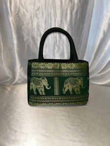 Bolso de mano vintage de elefante tailandés bordado verde y dorado - Imagen 1 de 10
