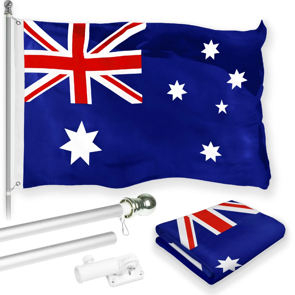 NUEVO G128 Juego de Bandera y Asta de Bandera de Australia, 6FT Poste de Plata y 3x5FT 150D Bandera Foto 1 de 4