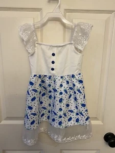 Vestido de verano para niñas talla mediana azul y blanco con parte inferior y mangas de encaje - Imagen 1 de 5