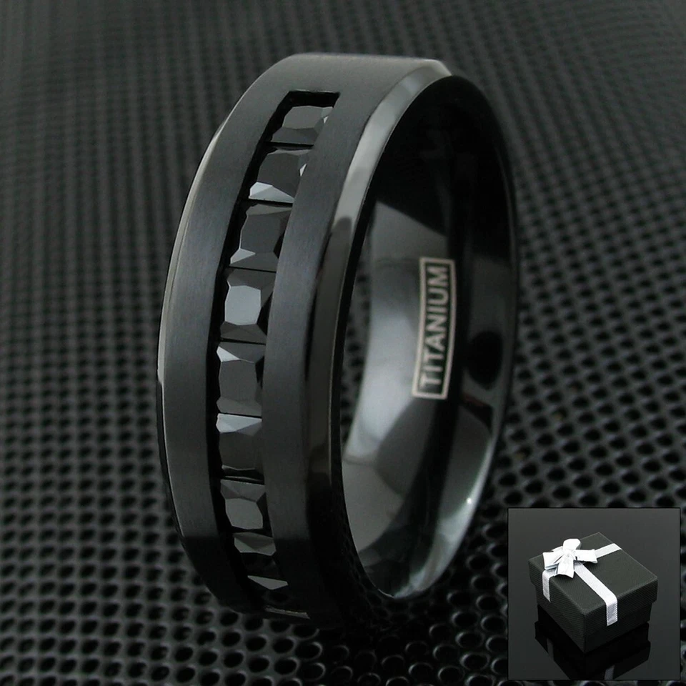 Black Titanium Men's 1.8 Carat Princess Cut Black CZ Brushed Wedding Band Ring - Image 1 of 1